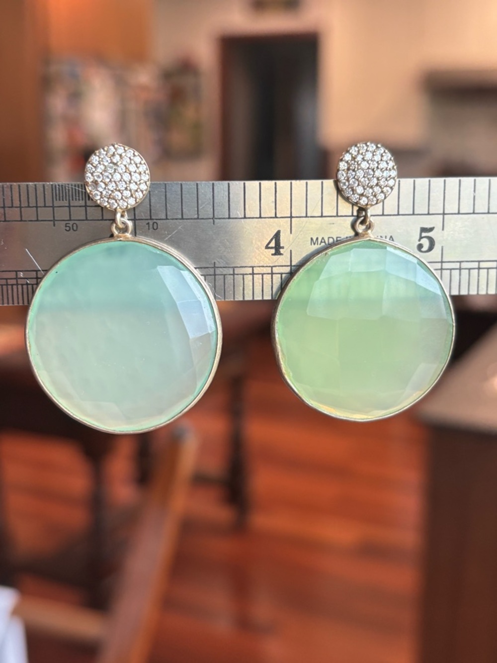 Pavé white sapphire (?) Jadite Light Green Drop Earrings gold vermeil